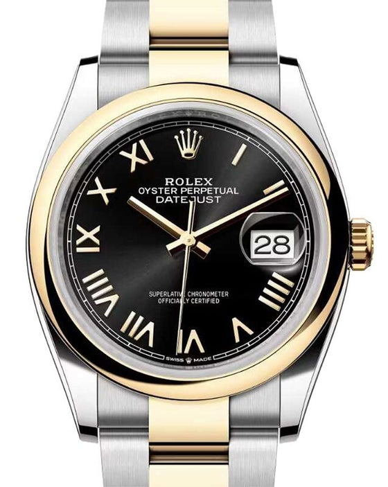 Rolex Datejust 36 Yellow Gold/Steel Bright Black Roman Dial & Smooth Domed Bezel Oyster Bracelet 126203