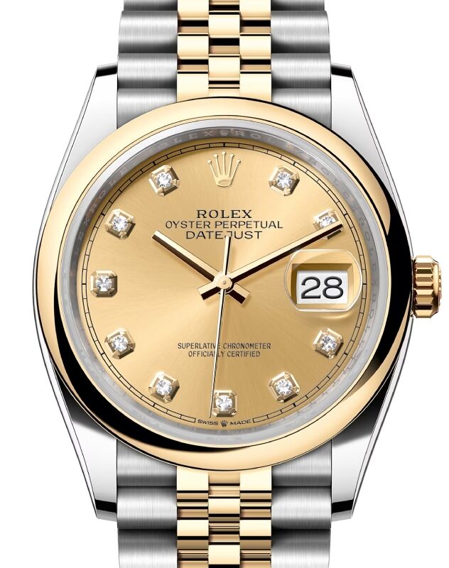 Rolex Datejust 36 Yellow Gold/Steel Champagne Diamond Dial & Smooth Domed Bezel Jubilee Bracelet 126203