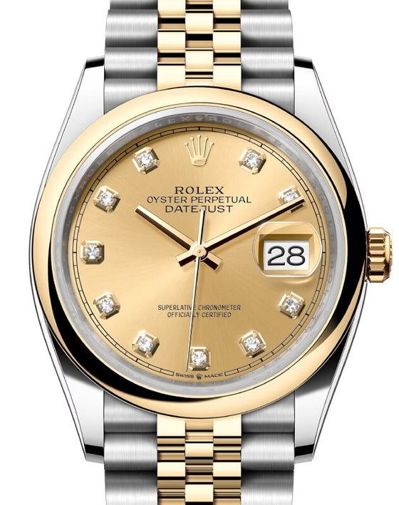 Rolex Datejust 36 Yellow Gold/Steel Champagne Diamond Dial & Smooth Domed Bezel Jubilee Bracelet 126203