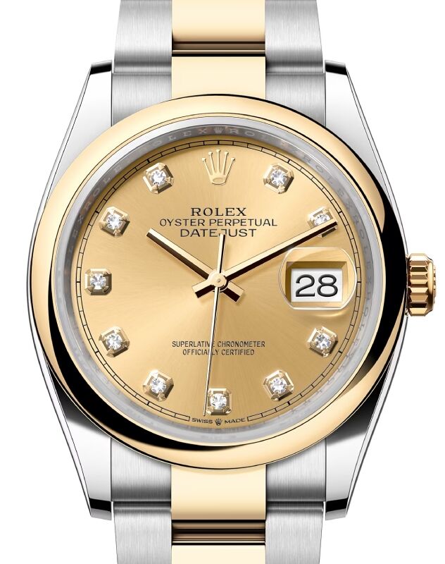 Rolex Datejust 36 Yellow Gold/Steel Champagne Diamond Dial & Smooth Domed Bezel Oyster Bracelet 126203
