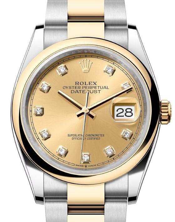 Rolex Datejust 36 Yellow Gold/Steel Champagne Diamond Dial & Smooth Domed Bezel Oyster Bracelet 126203