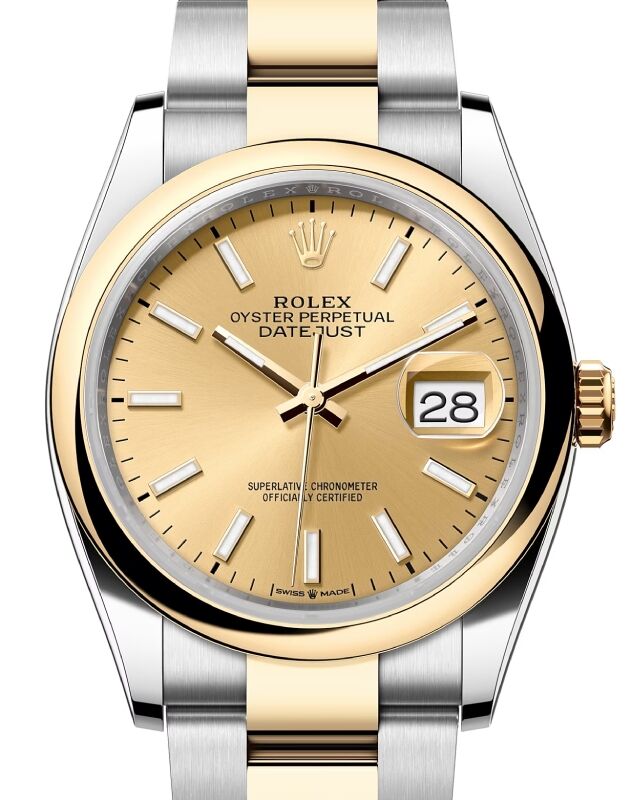 Rolex Datejust 36 Yellow Gold/Steel Champagne Index Dial & Smooth Domed Bezel Oyster Bracelet 126203