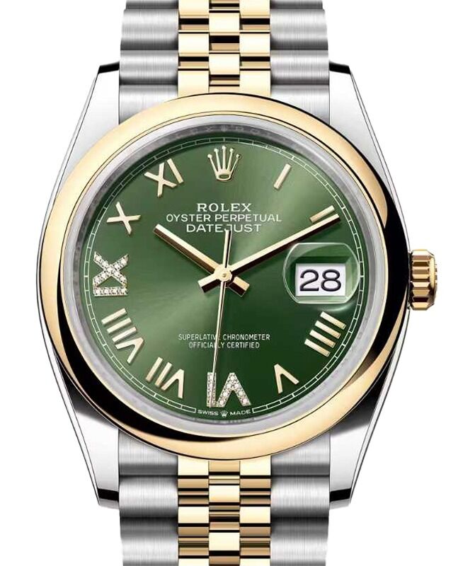 Rolex Datejust 36 Yellow Gold/Steel New Olive Green Roman Diamond VIIX Dial & Smooth Domed Bezel Jubilee Bracelet 126203