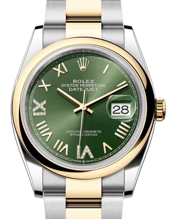 Rolex Datejust 36 Yellow Gold/Steel New Olive Green Roman Diamond VIIX Dial & Smooth Domed Bezel Oyster Bracelet 126203