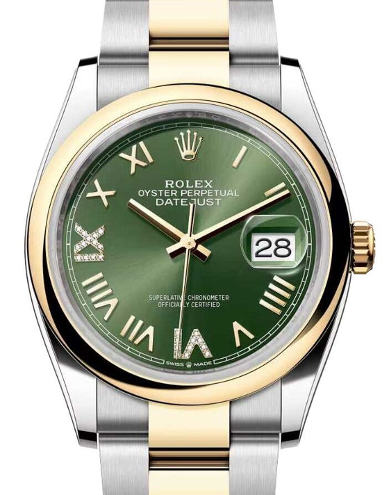 Rolex Datejust 36 Yellow Gold/Steel New Olive Green Roman Diamond VIIX Dial & Smooth Domed Bezel Oyster Bracelet 126203