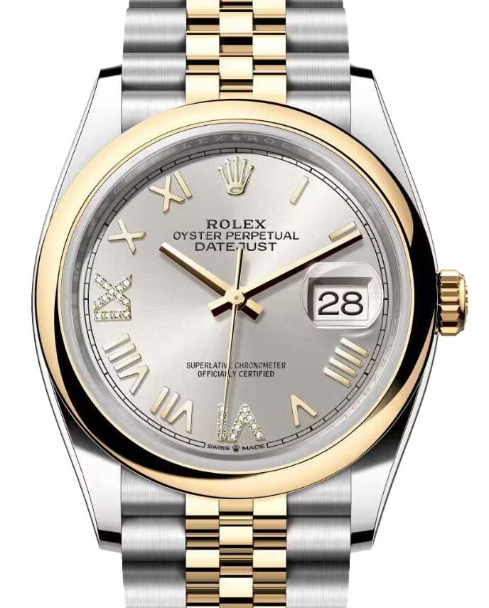 Rolex Datejust 36 Yellow Gold/Steel New Silver Roman Diamond VIIX Dial & Smooth Domed Bezel Jubilee Bracelet 126203