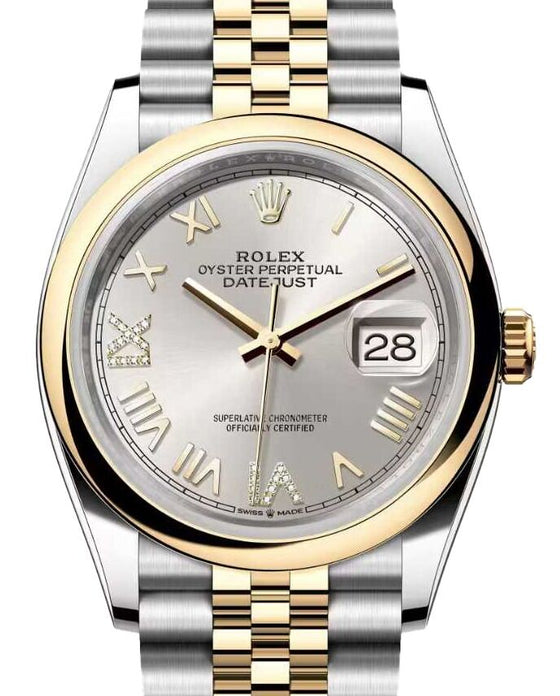 Rolex Datejust 36 Yellow Gold/Steel New Silver Roman Diamond VIIX Dial & Smooth Domed Bezel Jubilee Bracelet 126203