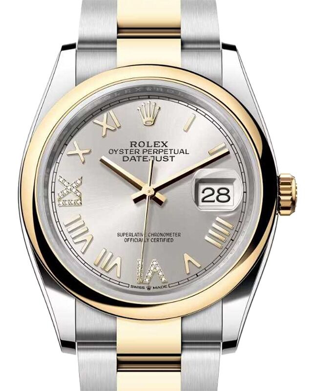 Rolex Datejust 36 Yellow Gold/Steel New Silver Roman Diamond VIIX Dial & Smooth Domed Bezel Oyster Bracelet 126203