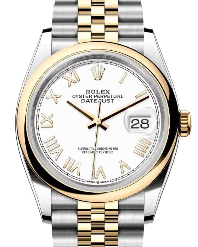 Rolex Datejust 36 Yellow Gold/Steel New White Roman Dial & Smooth Domed Bezel Jubilee Bracelet 126203