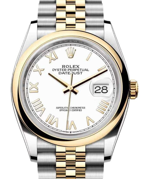 Rolex Datejust 36 Yellow Gold/Steel New White Roman Dial & Smooth Domed Bezel Jubilee Bracelet 126203
