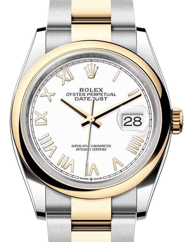 Rolex Datejust 36 Yellow Gold/Steel New White Roman Dial & Smooth Domed Bezel Oyster Bracelet 126203