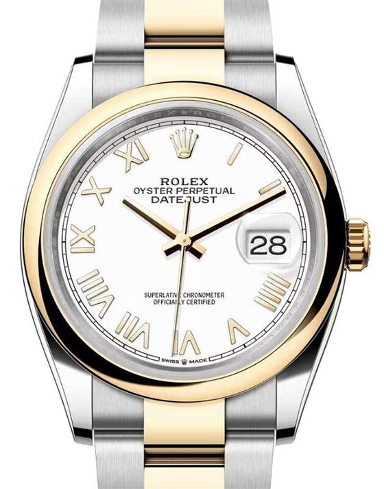 Rolex Datejust 36 Yellow Gold/Steel New White Roman Dial & Smooth Domed Bezel Oyster Bracelet 126203