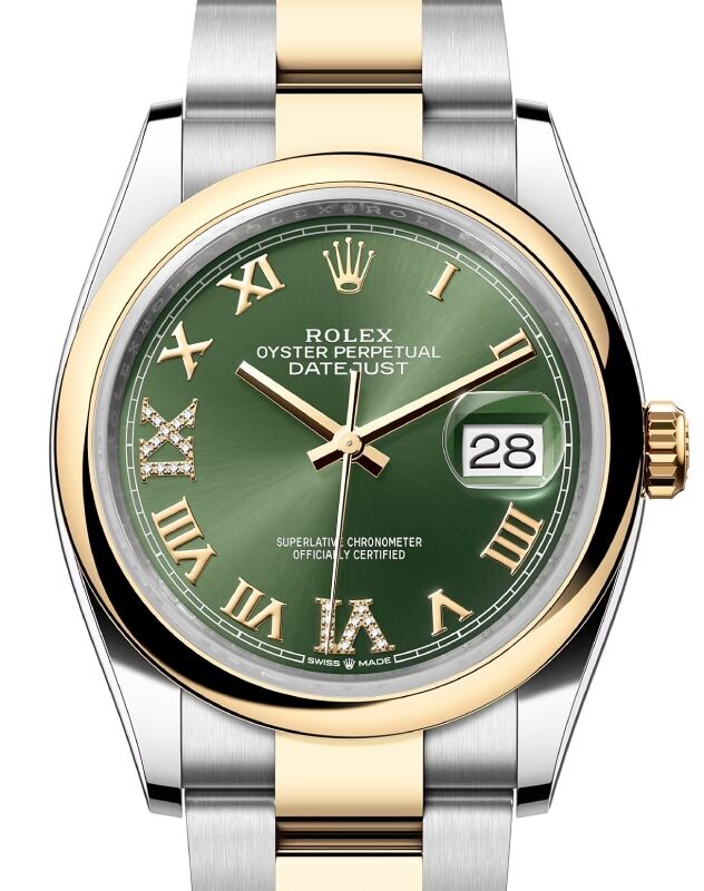 Rolex Datejust 36 Yellow Gold/Steel Olive Green Roman Diamond VIIX Dial & Smooth Domed Bezel Oyster Bracelet 126203