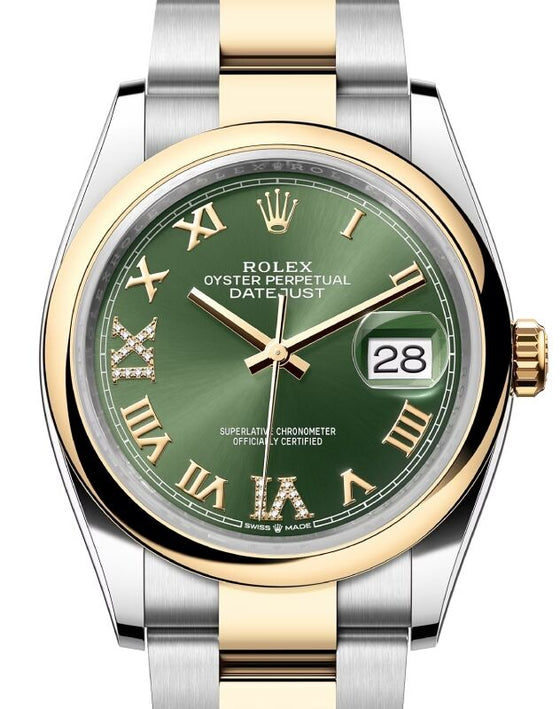 Rolex Datejust 36 Yellow Gold/Steel Olive Green Roman Diamond VIIX Dial & Smooth Domed Bezel Oyster Bracelet 126203