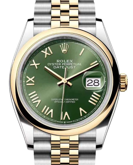 Rolex Datejust 36 Yellow Gold/Steel Olive Green Roman Dial & Smooth Domed Bezel Jubilee Bracelet 126203