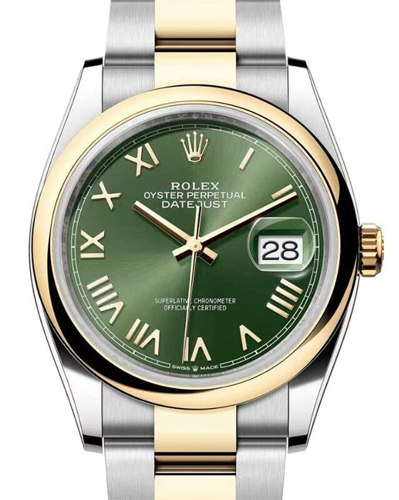 Rolex Datejust 36 Yellow Gold/Steel Olive Green Roman Dial & Smooth Domed Bezel Oyster Bracelet 126203