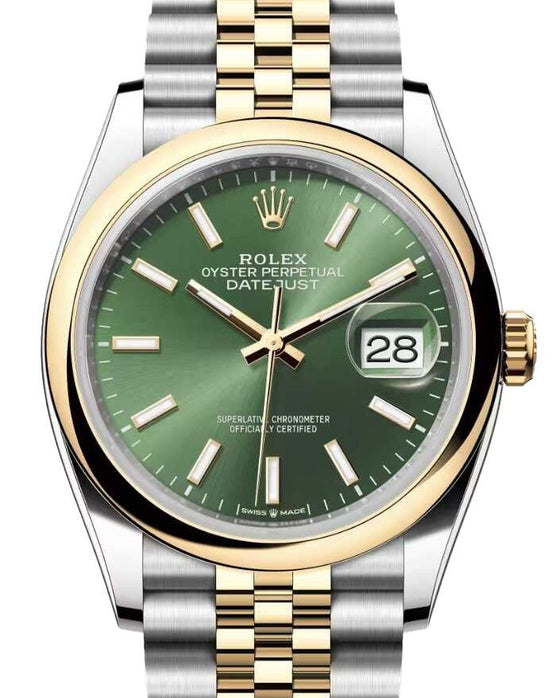 Rolex Datejust 36 Yellow Gold/Steel Olive Green Index Dial & Smooth Domed Bezel Jubilee Bracelet 126203