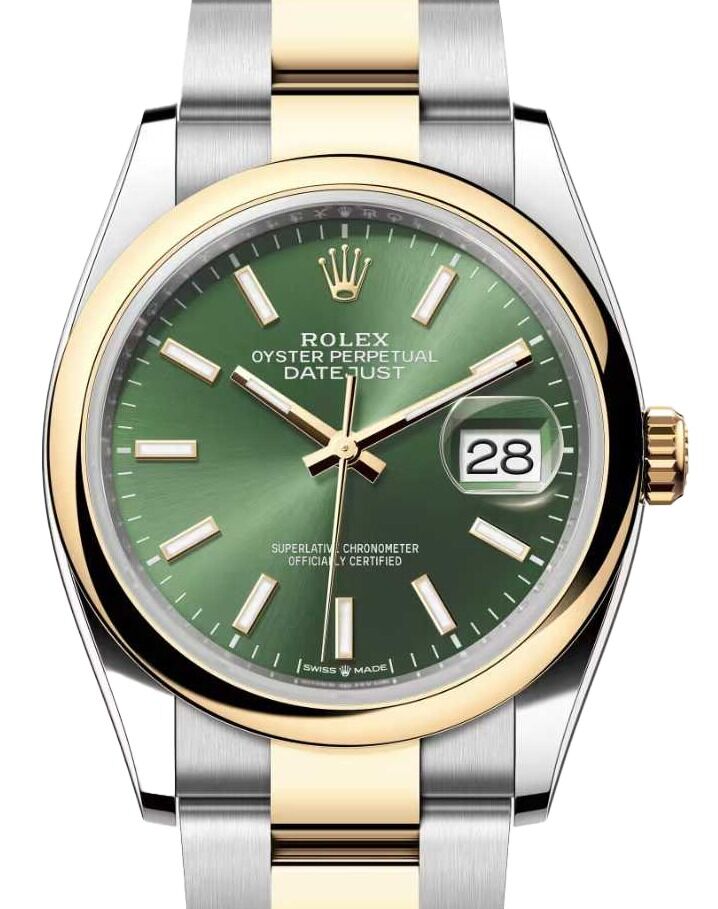 Rolex Datejust 36 Yellow Gold/Steel Olive Green Index Dial & Smooth Domed Bezel Oyster Bracelet 126203