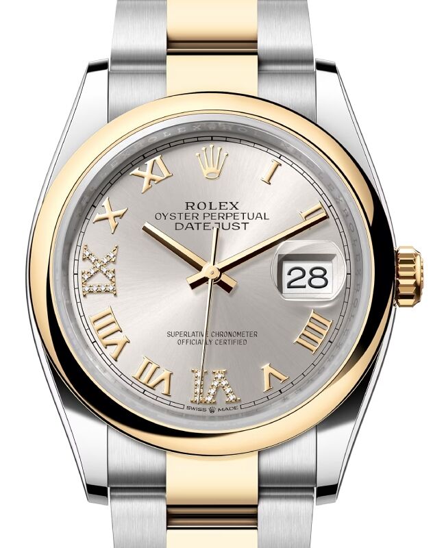 Rolex Datejust 36 Yellow Gold/Steel Silver Roman Diamond VIIX Dial & Smooth Domed Bezel Oyster Bracelet 126203