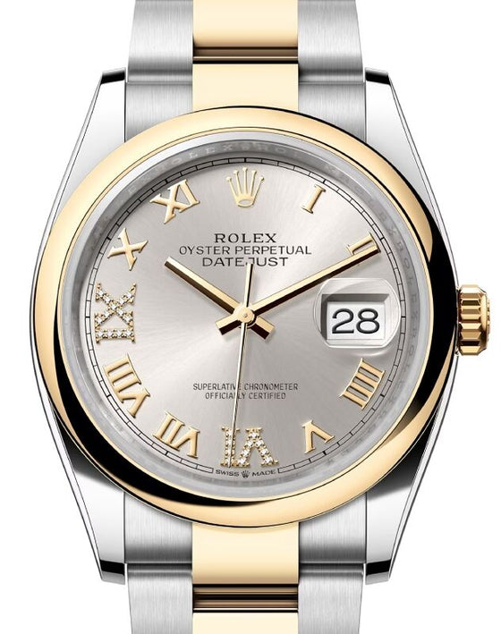 Rolex Datejust 36 Yellow Gold/Steel Silver Roman Diamond VIIX Dial & Smooth Domed Bezel Oyster Bracelet 126203