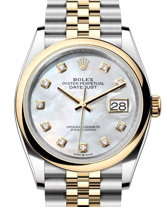 Rolex Datejust 36 Yellow Gold/Steel White Mother of Pearl Diamond Dial & Smooth Domed Bezel Jubilee Bracelet 126203