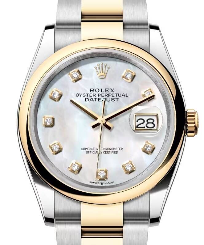 Rolex Datejust 36 Yellow Gold/Steel White Mother of Pearl Diamond Dial & Smooth Domed Bezel Oyster Bracelet 126203