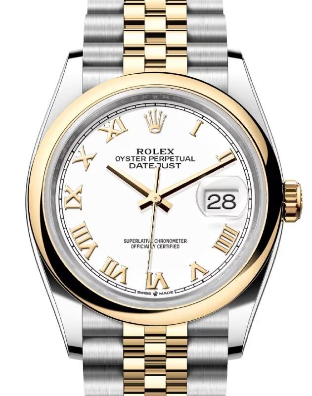 Rolex Datejust 36 Yellow Gold/Steel White Roman Dial & Smooth Domed Bezel Jubilee Bracelet 126203