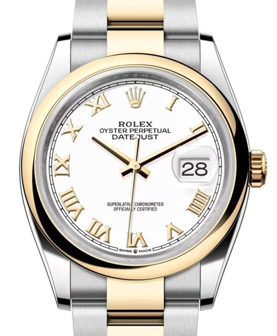 Rolex Datejust 36 Yellow Gold/Steel White Roman Dial & Smooth Domed Bezel Oyster Bracelet 126203