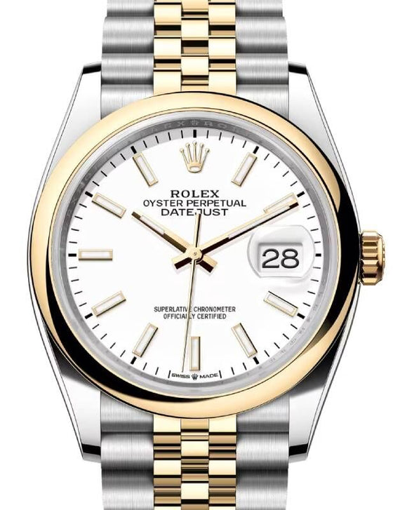 Rolex Datejust 36 Yellow Gold/Steel White Index Dial & Smooth Domed Bezel Jubilee Bracelet 126203