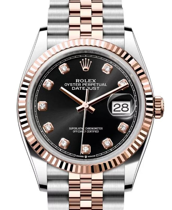 Rolex Datejust 36 Rose Gold/Steel Black Diamond Dial & Fluted Bezel Jubilee Bracelet 126231