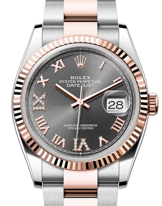 Rolex Datejust 36 Rose Gold/Steel Slate Roman Diamond VIIX Dial & Fluted Bezel Oyster Bracelet 126231