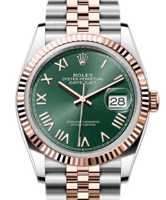 Rolex Datejust 36 Rose Gold/Steel Mint Green Roman Dial & Fluted Bezel Jubilee Bracelet 126231