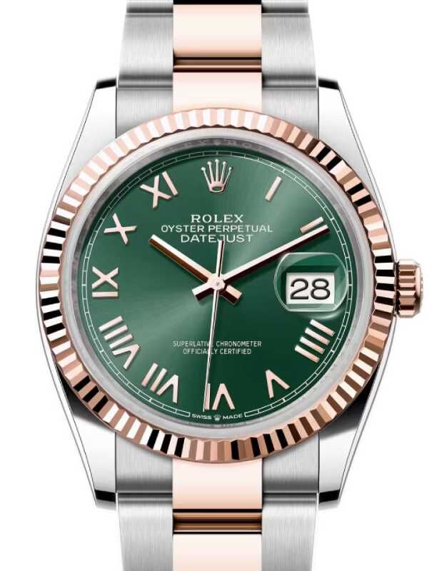 Rolex Datejust 36 Rose Gold/Steel Mint Green Roman Dial & Fluted Bezel Oyster Bracelet 126231