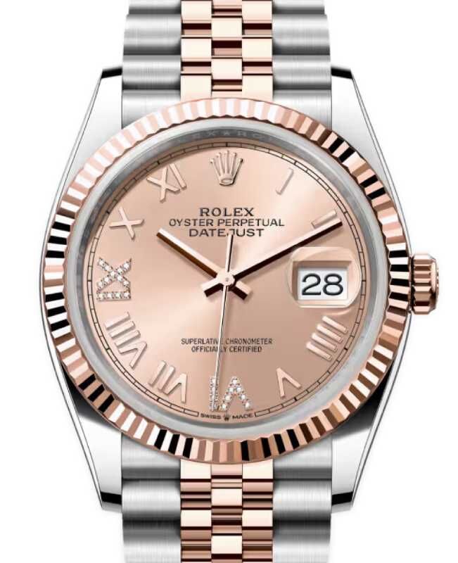 Rolex Datejust 36 Rose Gold/Steel New Rose Roman Diamond VIIX Dial & Fluted Bezel Jubilee Bracelet 126231