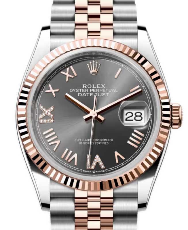 Rolex Datejust 36 Rose Gold/Steel New Slate Roman Diamond VIIX Dial & Fluted Bezel Jubilee Bracelet 126231