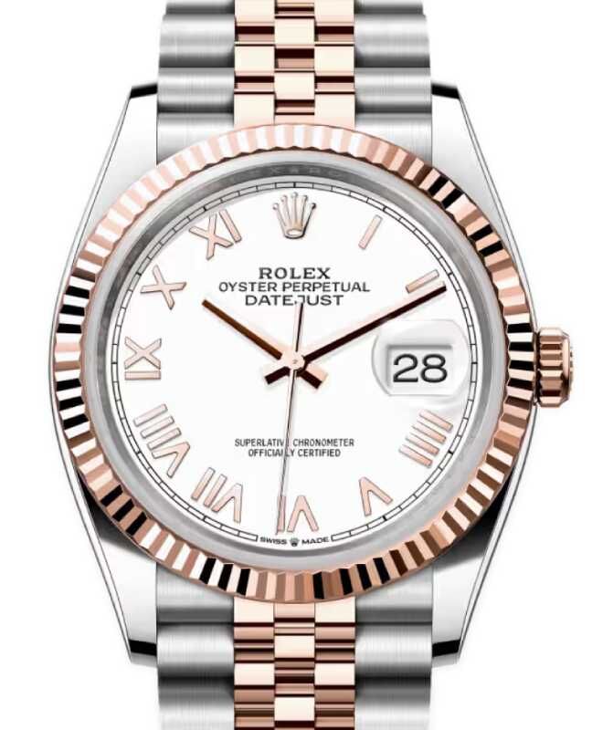 Rolex Datejust 36 Rose Gold/Steel New White Roman Dial & Fluted Bezel Jubilee Bracelet 126231