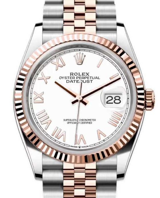 Rolex Datejust 36 Rose Gold/Steel New White Roman Dial & Fluted Bezel Jubilee Bracelet 126231