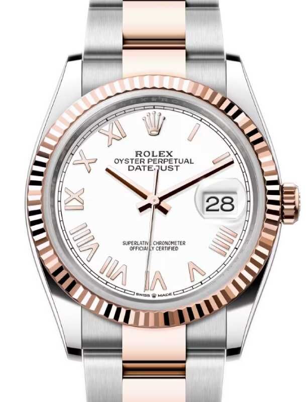 Rolex Datejust 36 Rose Gold/Steel New White Roman Dial & Fluted Bezel Oyster Bracelet 126231