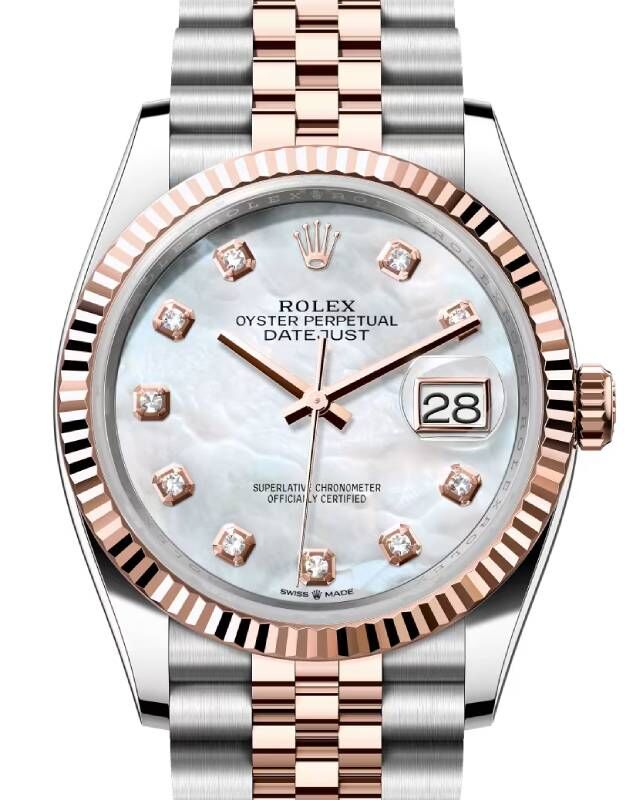 Rolex Datejust 36 Rose Gold/Steel White Mother of Pearl Diamond Dial & Fluted Bezel Jubilee Bracelet 126231