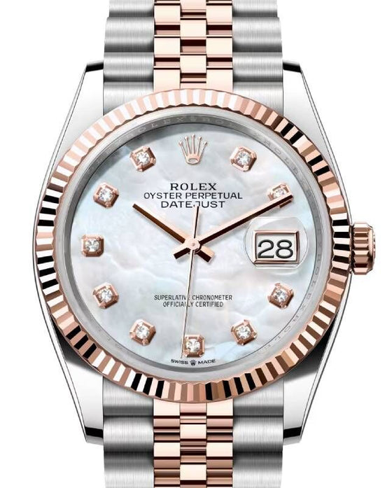 Rolex Datejust 36 Rose Gold/Steel White Mother of Pearl Diamond Dial & Fluted Bezel Jubilee Bracelet 126231