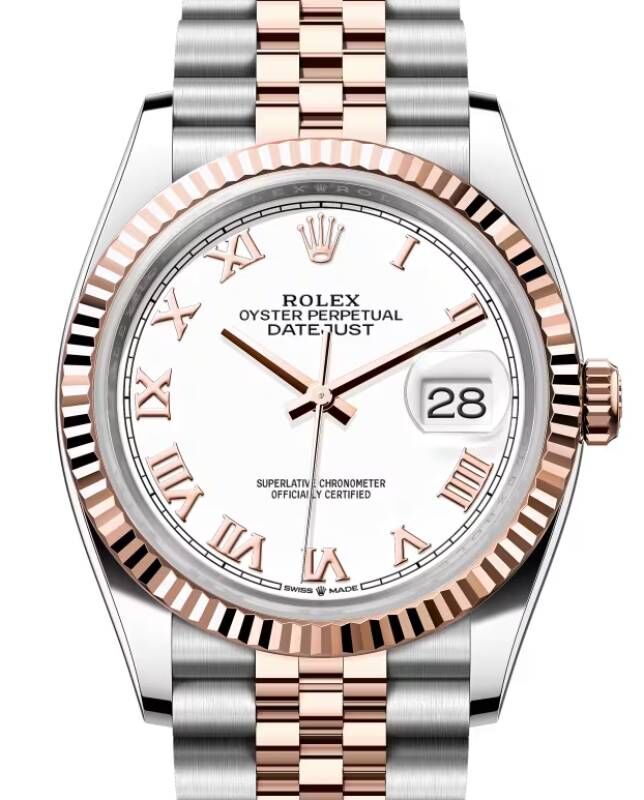 Rolex Datejust 36 Rose Gold/Steel White Roman Dial & Fluted Bezel Jubilee Bracelet 126231