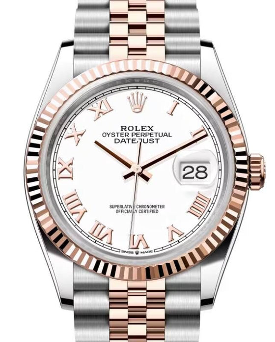Rolex Datejust 36 Rose Gold/Steel White Roman Dial & Fluted Bezel Jubilee Bracelet 126231