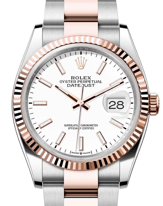 Rolex Datejust 36 Rose Gold/Steel White Index Dial & Fluted Bezel Oyster Bracelet 126231