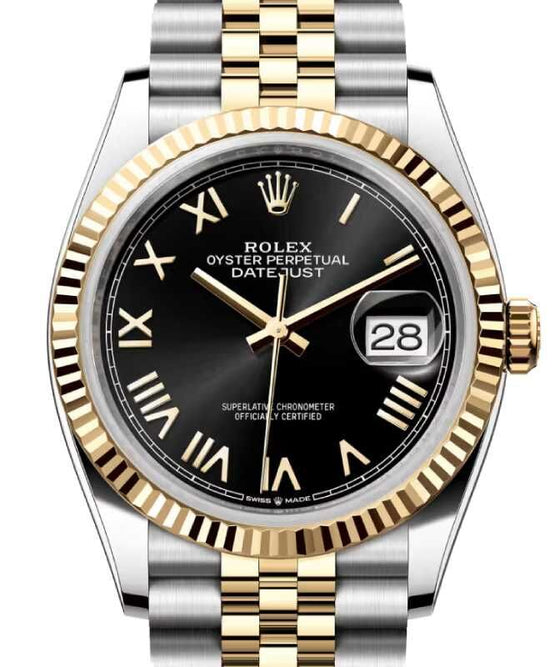 Rolex Datejust 36 Yellow Gold/Steel Bright Black Roman Dial Fluted Bezel Jubilee Bracelet 126233