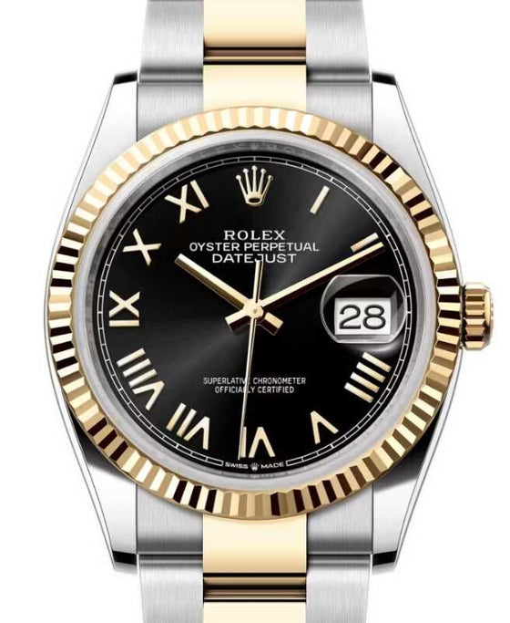 Rolex Datejust 36 Yellow Gold/Steel Bright Black Roman Dial & Fluted Bezel Oyster Bracelet 126233