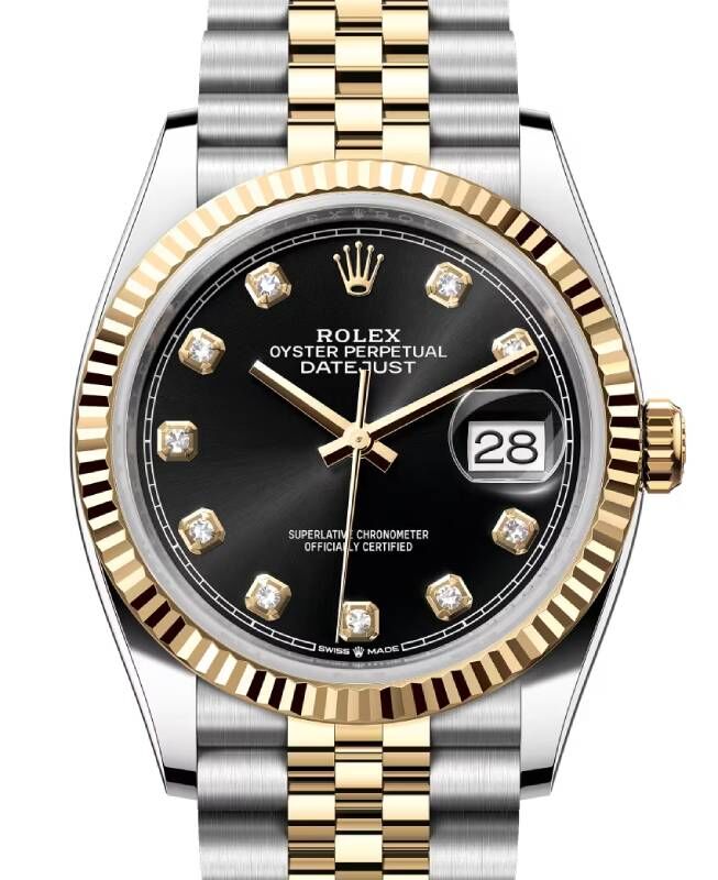 Rolex Datejust 36 Yellow Gold/Steel Bright Black Diamond Dial & Fluted Bezel Jubilee Bracelet 126233