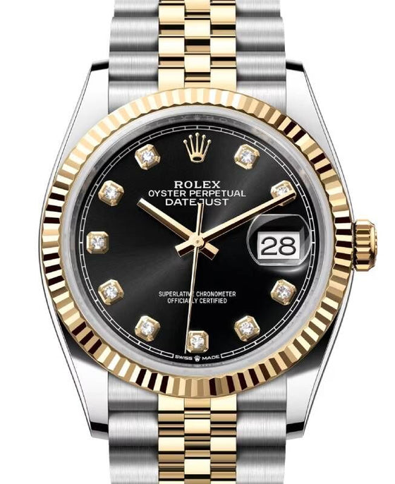 Rolex Datejust 36 Yellow Gold/Steel Bright Black Diamond Dial & Fluted Bezel Jubilee Bracelet 126233