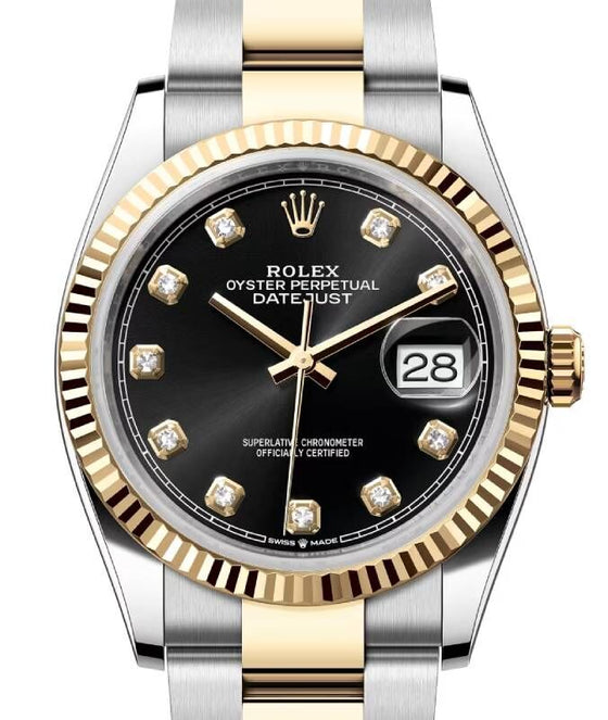 Rolex Datejust 36 Yellow Gold/Steel Bright Black Diamond Dial & Fluted Bezel Oyster Bracelet 126233