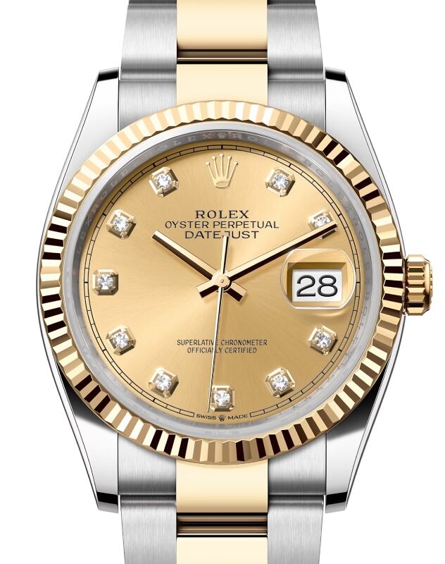 Rolex Datejust 36 Yellow Gold/Steel Champagne Diamond Dial & Fluted Bezel Oyster Bracelet 126233