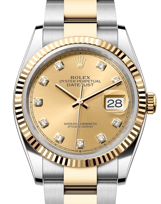 Rolex Datejust 36 Yellow Gold/Steel Champagne Diamond Dial & Fluted Bezel Oyster Bracelet 126233
